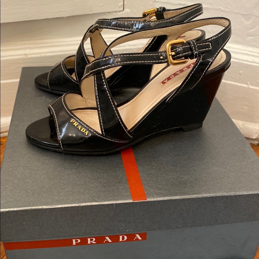 Prada Women's Black patent Strappy wedge Sandals knock offs fits US 6.5/7